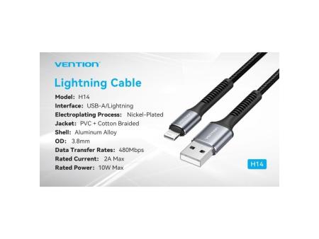 Cable USB 2.0 Lightning Vention H14BF/ Lightning Macho - USB Macho/ 10W/ 480Mbps/ 1m/ Negro