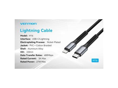 Cable USB Tipo-C Lightning Vention H16BF/ Lightning Macho - USB Tipo-C Macho/ 27W/ 480Mbps/ 1m/ Negro