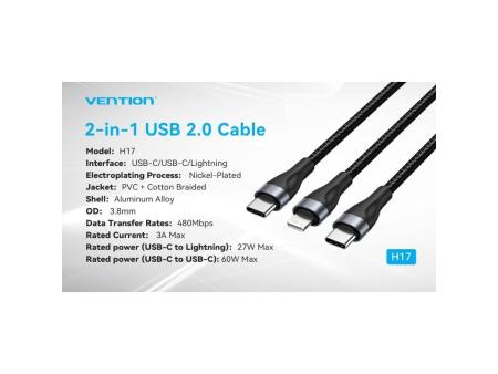 Cable USB Tipo-C Vention H17BAV/ USB Tipo-C Macho - Lightning Macho/ USB Tipo-C Macho/ 60W/ 480Mbps/ 1.2m/ Negro