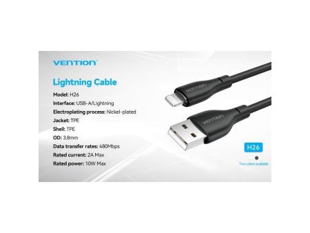 Cable USB 2.0 Lightning Vention H26BF/ Lightning Macho - USB Macho/ 10W/ 480Mbps/ 1m/ Negro