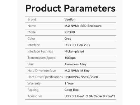 Caja Externa para Disco SSD M.2 NVMe Vention USB Tipo-C KPGH0/ USB 3.1 Gen2/ Sin tornillos