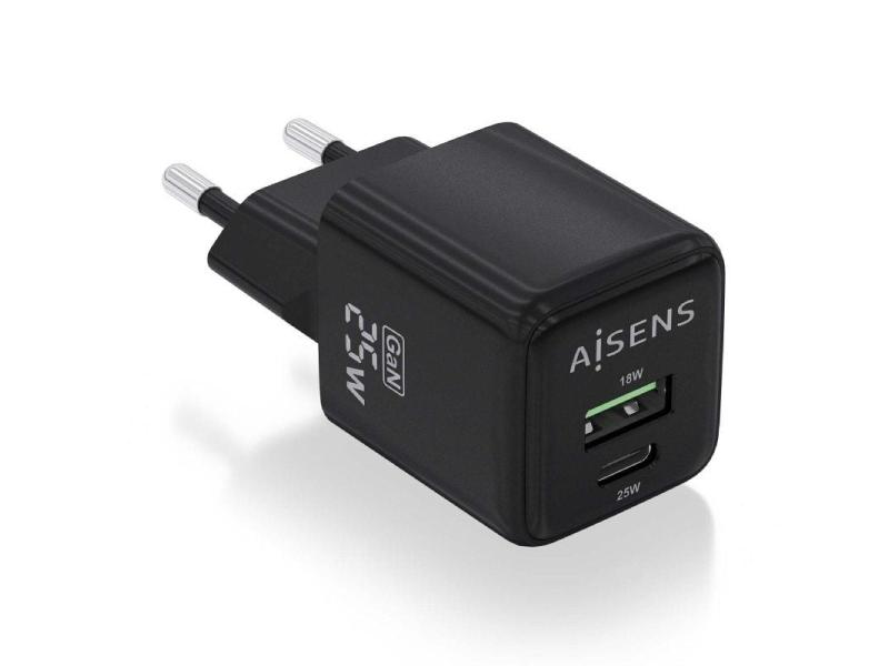 Cargador Gan de Pared Aisens ASCH-25W2P015-BK/ 1xUSB Tipo-C/ 1xUSB/ 25W