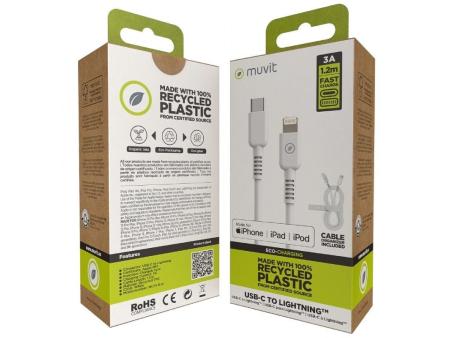 Cable USB 2.0 Tipo-C Lightning Muvit For Change MCUSC0006/ USB Tipo-C Macho - Lightning/ Hasta 27W/ 1.2m/ Blanco