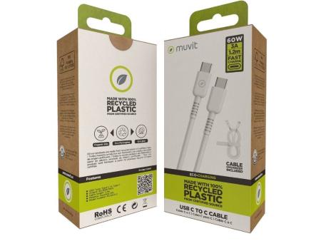 Cable USB 2.0 Tipo-C Muvit For Change MCUSC0008/ USB Tipo-C Macho - USB Tipo-C/ Hasta 60W/ 1.2m/ Blanco