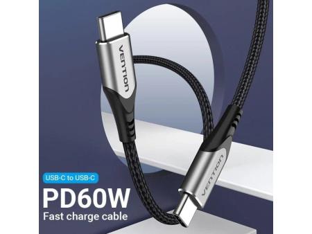 Cable USB 2.0 Tipo-C Vention TADHG/ USB Tipo-C Macho - USB Tipo-C Macho/ Hasta 60W/ 480Mbps/ 1.5m/ Gris