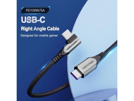 Cable USB 2.0 Tipo-C 90º Vention TAKHF/ USB Tipo-C Macho - USB Tipo-C Macho/ Hasta 100W/ 480Mbps/ 1m/ Gris