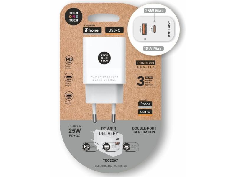 Cargador de Pared Tech One Tech TEC2267/ 1xUSB Tipo-C/ 1xUSB/ 3A/ Blanco