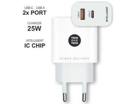 Cargador de Pared Tech One Tech TEC2267/ 1xUSB Tipo-C/ 1xUSB/ 3A/ Blanco