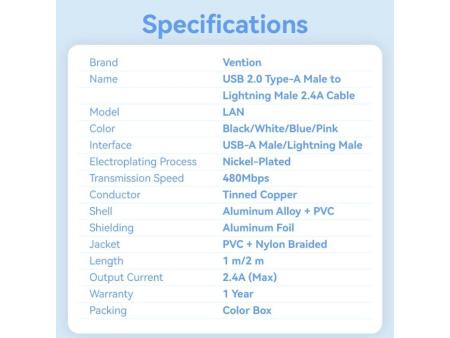 Cable USB Lightning Vention LANWH/ USB Macho - Lightning Macho/ 480Mbps/ 2m/ Blanco