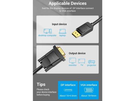 Cable Conversor Vention HBLBI/ VGA Macho - DisplayPort Macho/ 3m/ Negro