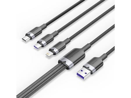 Cable USB 2.0 Lightning Vention CTPBG/ USB Macho/ USB Tipo-C Macho - MicroUSB Macho - Lightning Macho/ 1.5m/ Negro