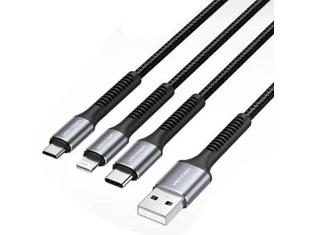 Cable USB Tipo-C Lightning Vention H18BAV/ USB Tipo-C Macho/ Lightning Macho - MicroUSB Macho - USB Macho/ 1.2m/ Negro