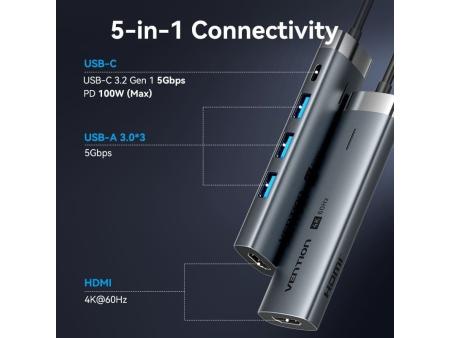 Docking USB Tipo-C Vention TGMHB/ 3xUSB/ 1xHDMI/ 1xUSB Tipo-C PD