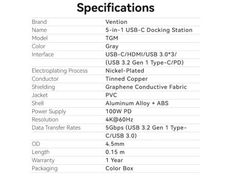 Docking USB Tipo-C Vention TGMHB/ 3xUSB/ 1xHDMI/ 1xUSB Tipo-C PD