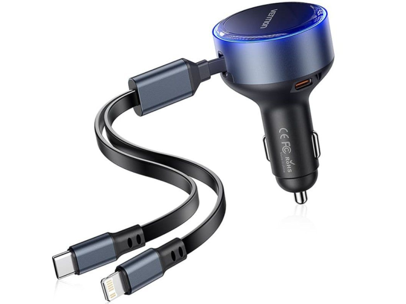 Cargador de Coche Vention FFOB0/ 1xUSB Tipo-C Macho/ 1xUSB Tipo-C hembra/ 1xLightning Macho/ 30W