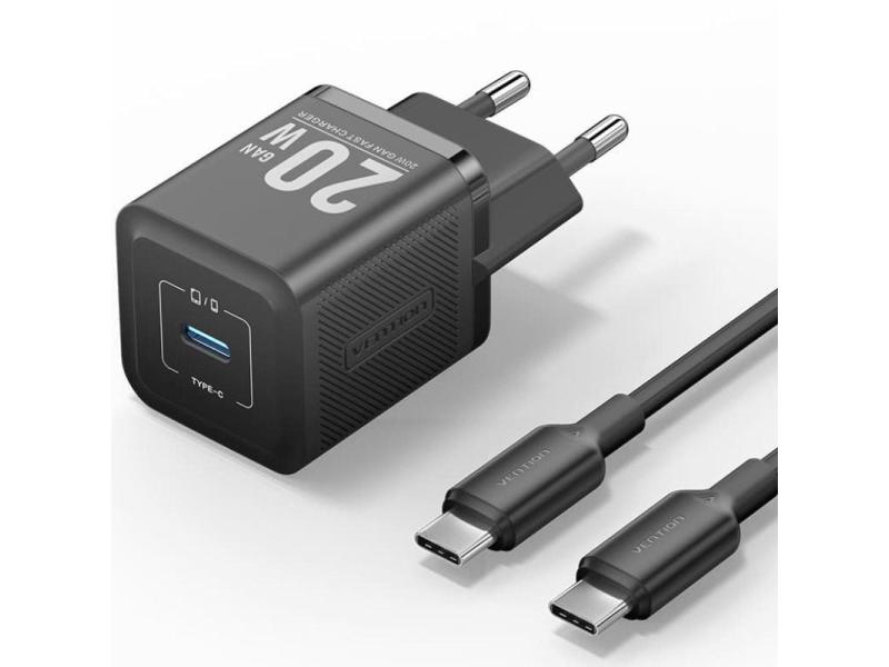 Cargador Gan de Pared Vention TZ-FEPB0-EU-01/ 1xUSB Tipo-C + Cable USB Tipo-C/ 20W