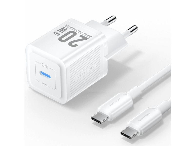 Cargador Gan de Pared Vention TZ-FEPW0-EU-01/ 1xUSB Tipo-C + Cable USB Tipo-C/ 20W