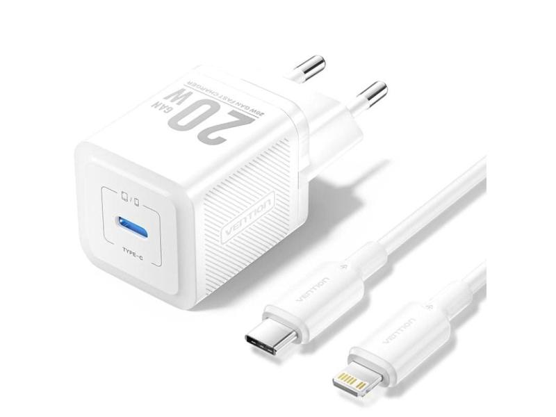 Cargador Gan de Pared Vention TZ-FEPW0-EU-02/ 1xUSB Tipo-C + Cable Lightning/ 20W