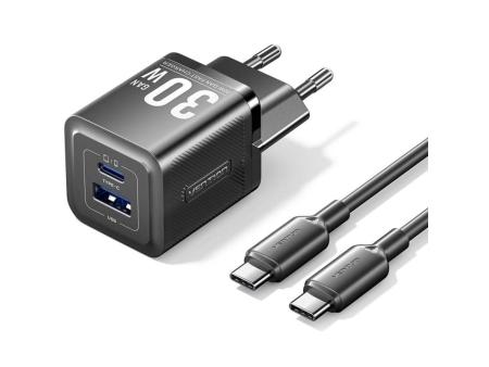 Cargador Gan de Pared Vention TZ-FEQB0-EU-01/ 1xUSB Tipo-C/ 1xUSB + Cable USB Tipo-C/ 30W