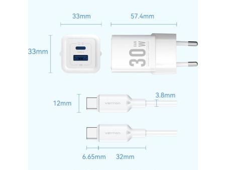 Cargador Gan de Pared Vention TZ-FEQB0-EU-01/ 1xUSB Tipo-C/ 1xUSB + Cable USB Tipo-C/ 30W