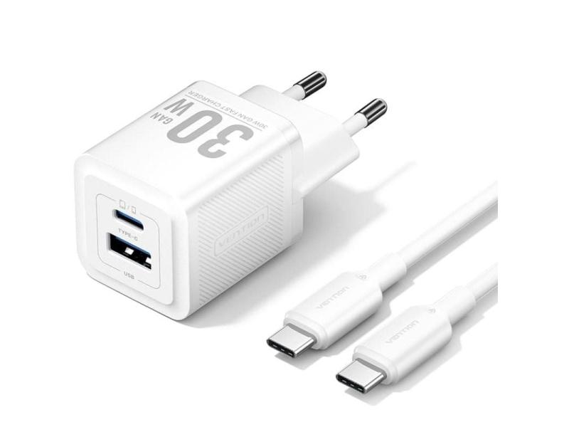 Cargador Gan de Pared Vention TZ-FEQW0-EU-01/ 1xUSB Tipo-C/ 1xUSB + Cable USB Tipo-C/ 30W