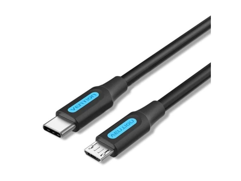 Cable USB 2.0 Tipo-C Vention COVBD/ USB Tipo-C Macho - MicroUSB Macho/ Hasta 10W/ 480Mbps/ 50cm/ Negro