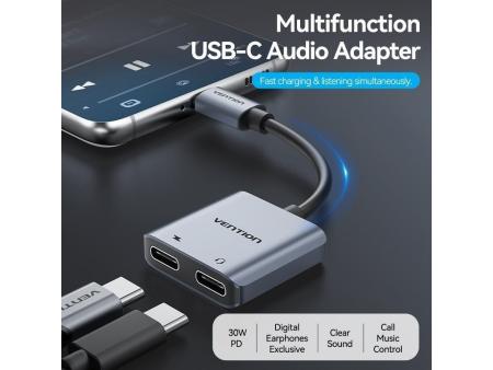 Conversor USB Tipo-C Vention BGZHA/ USB Tipo-C Macho - 2x USB Tipo-C Hembra (Audio y Carga)