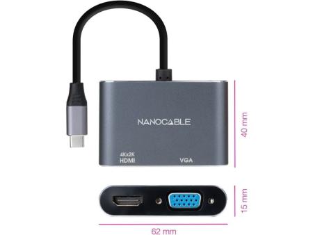 Conversor Nanocable 10.16.4303/ USB Tipo-C Macho/ HDMI Hembra - VGA Hembra/ 15cm/ Gris