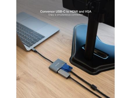 Conversor Nanocable 10.16.4303/ USB Tipo-C Macho/ HDMI Hembra - VGA Hembra/ 15cm/ Gris