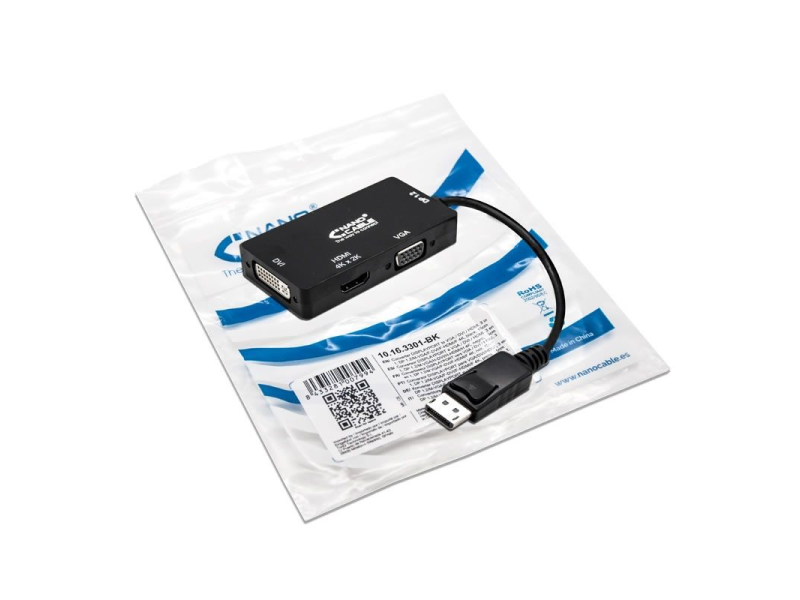 Cable Conversor Nanocable 10.16.3301-BK/ Displayport Macho - VGA Hembra/ DVI Hembra/ HDMI Hembra