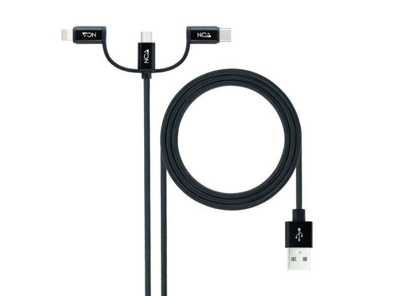 Cable USB 2.0 Nanocable 10.01.3200/ Lightning Macho - Micro USB Macho/ USB Tipo-C Macho/ 1m/ Negro