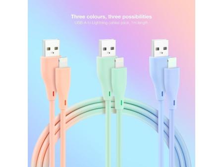 Cables USB 2.0 Lightning Nanocable 10.10.0401-A1/ USB Macho - Lightning Macho/ 1m/ 3 Unidades/ Rosa, Azul y Verde