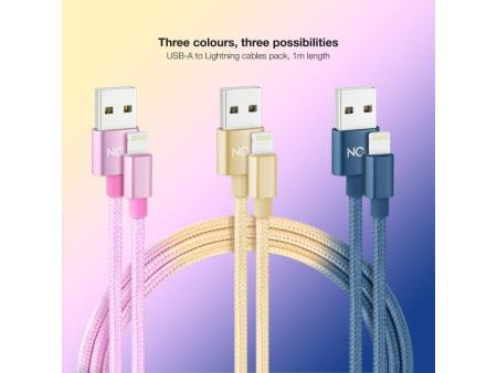 Cables USB 2.0 Lightning Nanocable 10.10.0401-CO2/ USB Macho - Lightning Macho/ 1m/ 3 Unidades/ Rosa, Dorado, Azul Pacífico