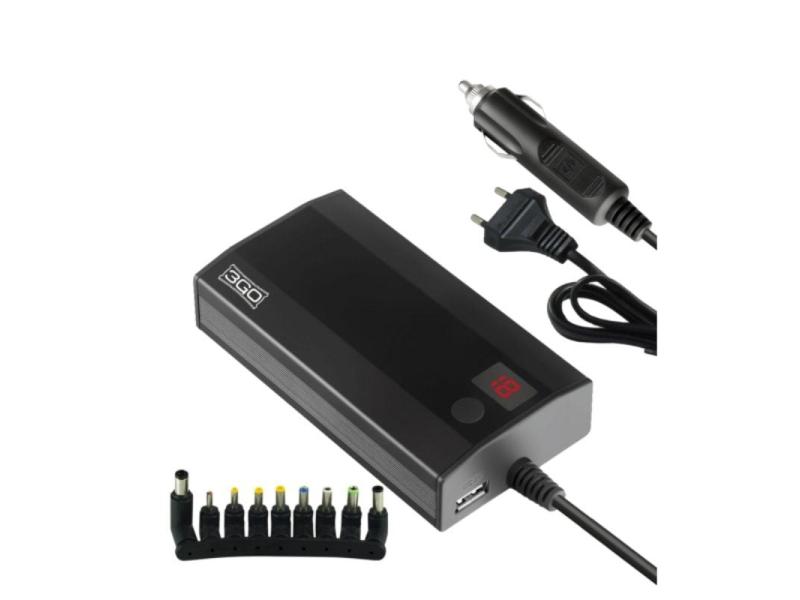 Cargador de Portátil 3GO Alim90C2/ 90W/ Manual/ 9 Conectores/ Voltaje 12-20V/ 1 USB/ con Adaptador para Coche