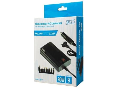 Cargador de Portátil 3GO Alim90C2/ 90W/ Manual/ 9 Conectores/ Voltaje 12-20V/ 1 USB/ con Adaptador para Coche