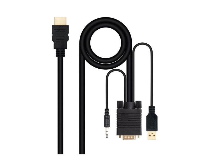 Cable Conversor Nanocable 10.15.4350/ HDMI Macho - VGA Macho - Jack 3.5 Macho - USB Macho/ 1.8m/ Negro