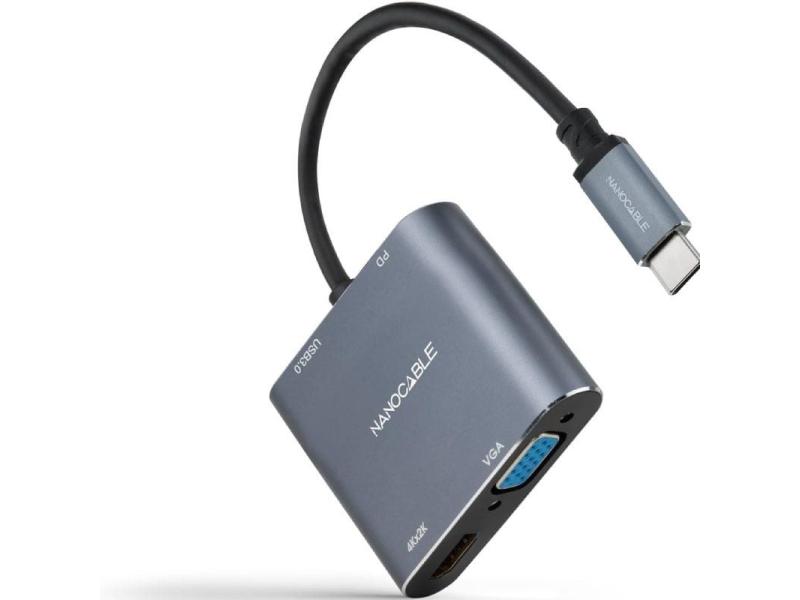 Conversor Nanocable 10.16.4304/ USB Tipo-C Macho/ HDMI 4K Hembra - VGA Hembra - USB Tipo-C PD Hembra - USB Hembra/ 15cm/ Gris