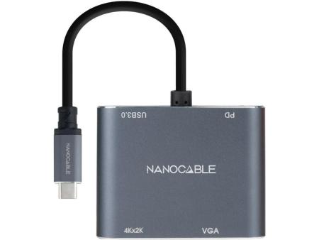 Conversor Nanocable 10.16.4304/ USB Tipo-C Macho/ HDMI 4K Hembra - VGA Hembra - USB Tipo-C PD Hembra - USB Hembra/ 15cm/ Gris