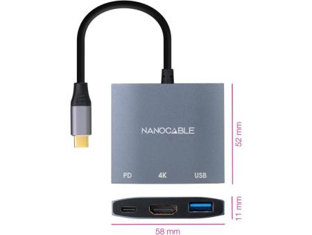 Conversor Nanocable 10.16.4306 USB Tipo-C/ HDMI 4K Hembra - USB Hembra - USB Tipo-C PD/ 15cm/ Gris