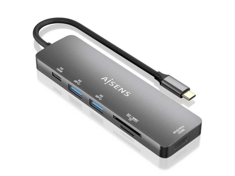 Docking USB Tipo-C Aisens ASUC-6P016-GR/ 1xHDMI/ 2xUSB/ 1xLector Tarjetas/ 1xUSB Tipo-C PD/ Gris