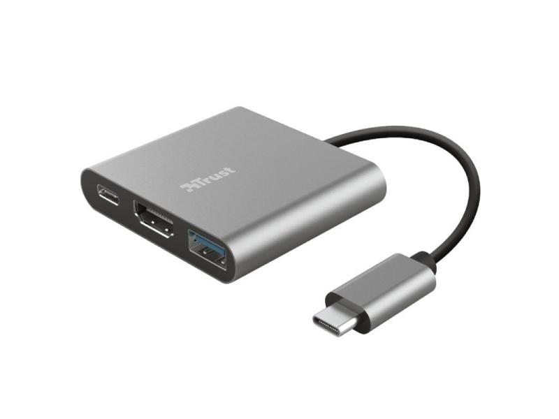 Conversor Trust Dalyx 3 IN 1/ USB Tipo-C Macho - HDMI Hembra/ USB/ USB Tipo-C PD/ 10cm/ Gris