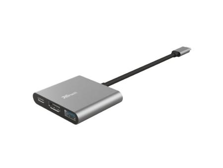 Conversor Trust Dalyx 3 IN 1/ USB Tipo-C Macho - HDMI Hembra/ USB/ USB Tipo-C PD/ 10cm/ Gris