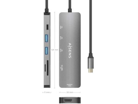 Docking USB Tipo-C Aisens ASUC-6P016-GR/ 1xHDMI/ 2xUSB/ 1xLector Tarjetas/ 1xUSB Tipo-C PD/ Gris