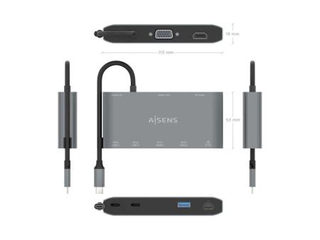 Docking USB Tipo-C Aisens ASUC-8P010-GR/ 1xHDMI/ 1xVGA/ 2xUSB/ 1xRJ45/ 2xUSB Tipo-C/ 1xUSB Tipo-C PD/ Gris