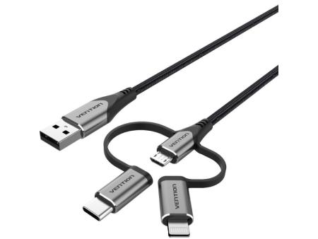 Cable USB 2.0 Tipo-C Vention CQJHF/ USB Macho/ USB Tipo-C Macho - MicroUSB Macho - Lightning Macho/ 480Mbps/ 1m/ Gris