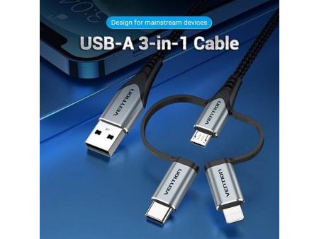 Cable USB 2.0 Tipo-C Vention CQJHF/ USB Macho/ USB Tipo-C Macho - MicroUSB Macho - Lightning Macho/ 480Mbps/ 1m/ Gris