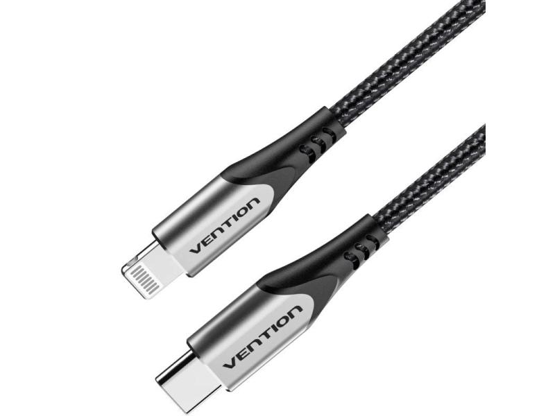 Cable USB 2.0 Tipo-C Lightning Vention TACHH/ USB Tipo-C Macho - Lightning Macho/ Hasta 27W/ 480Mbps/ 2m/ Gris y Negro