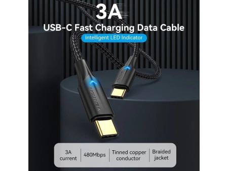 Cable USB 2.0 Tipo-C 3A Vention TAUBD/ USB Tipo-C Macho - USB Tipo-C Macho/ Hasta 60W/ 480Mbps/ 50cm/ Negro