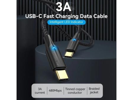 Cable USB 2.0 Tipo-C 3A Vention TAUBF/ USB Tipo-C Macho - USB Tipo-C Macho/ Hasta 60W/ 480Mbps/ 1m/ Negro