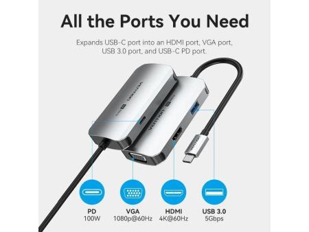 Docking USB Tipo-C Vention TQAHB/ 1xHDMI/ 1xUSB/ 1xVGA/ 1xUSB Tipo-C PD/ Gris